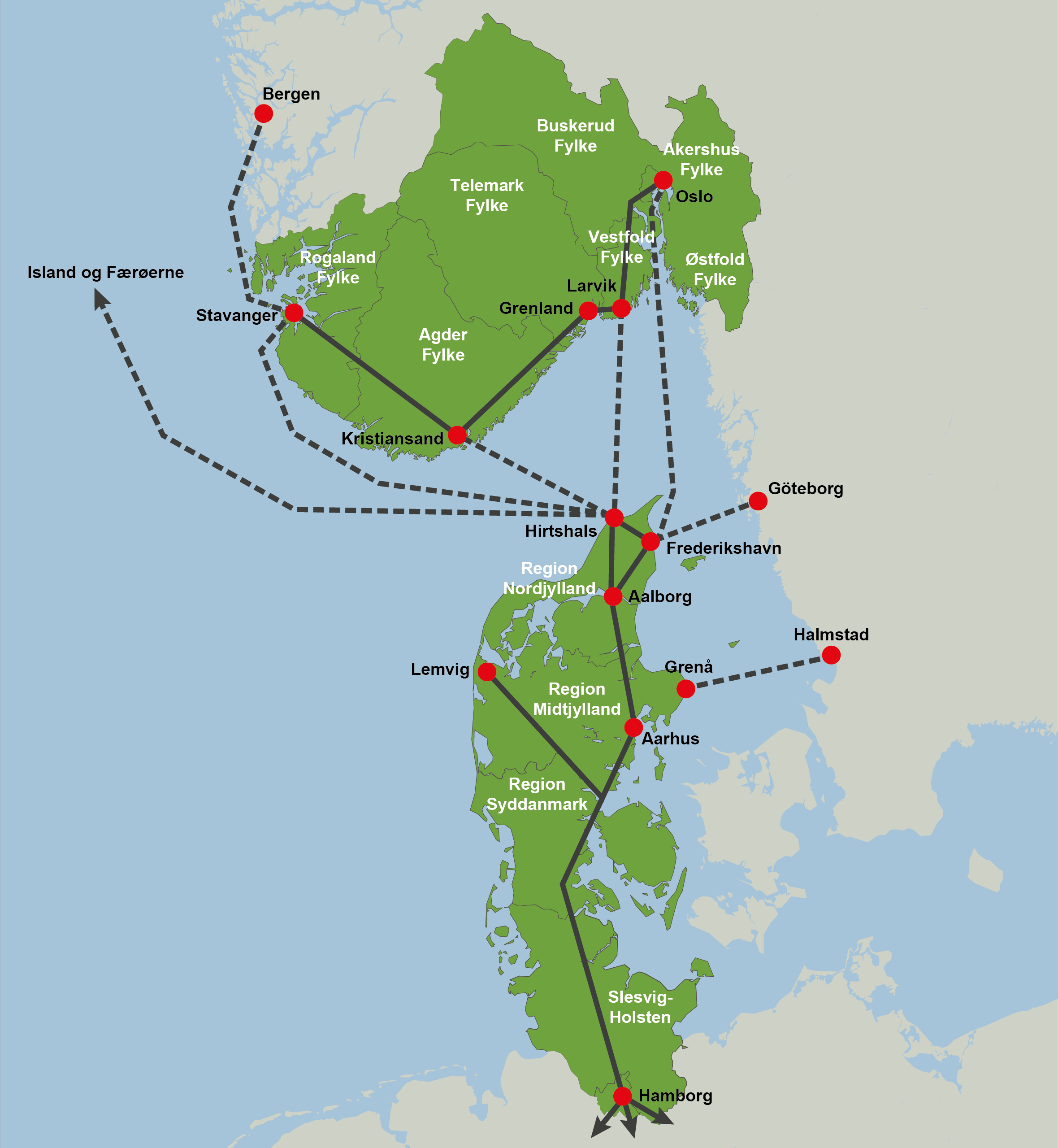 Kort over partnere i projektet Grønn Jyllandskorridor