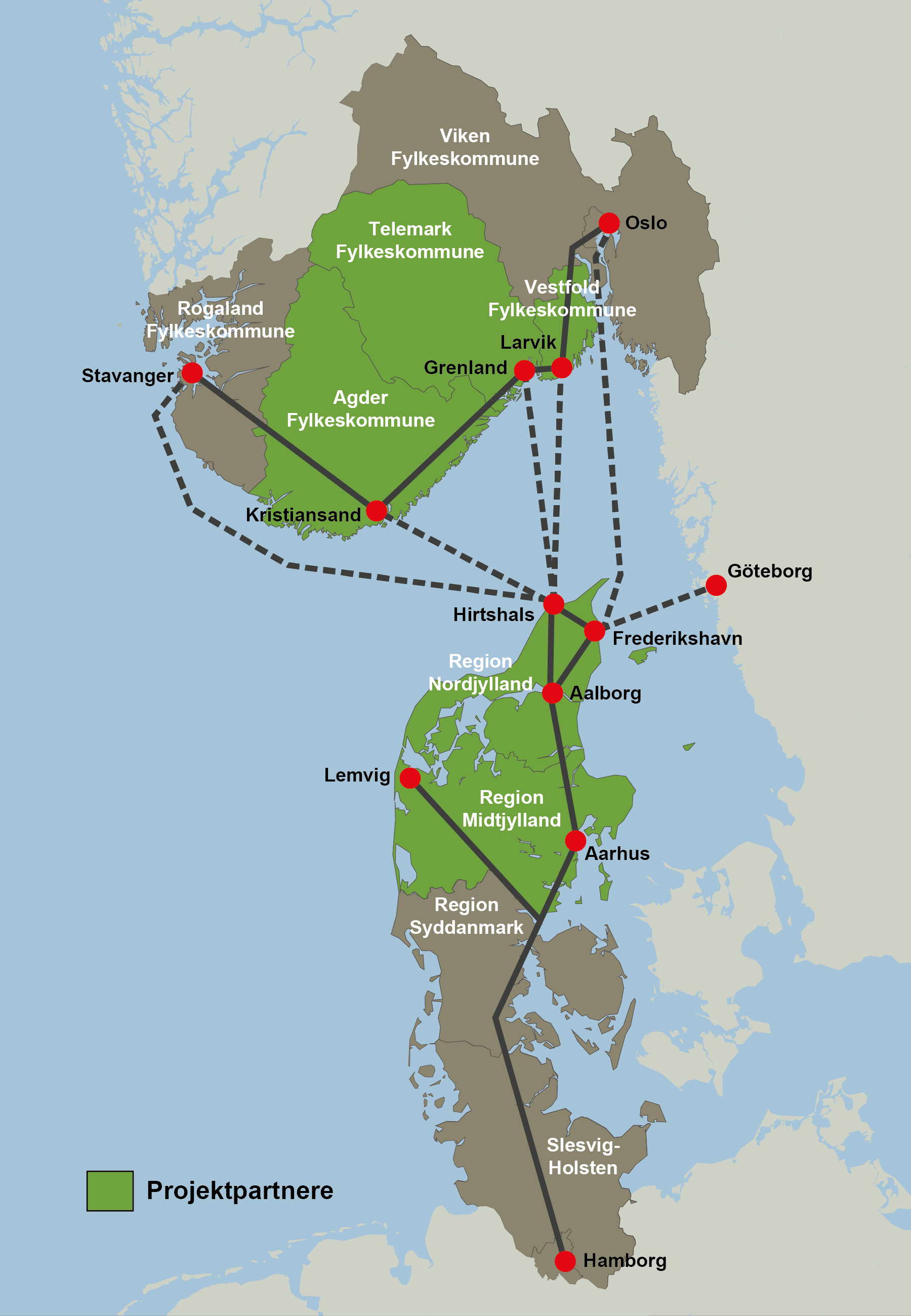 Kort over projektpartnerne i Grønn Jyllandskorridor